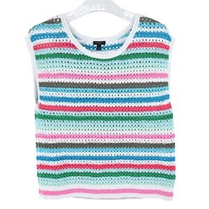 Y2K Talbots Crochet Knit Striped Sweater Vest Pink Green Cottagecore Petite L